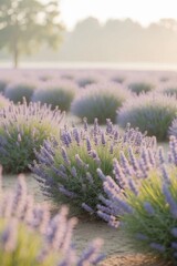 Obraz premium Morning light filtering through lavender fields.