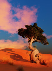 Sand dunes Sahara Desert at sunset and tree, 3D illustration