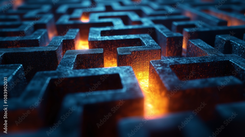 Poster intricate maze structure with glowing light paths revealing depths of a complex labyrinth design in 