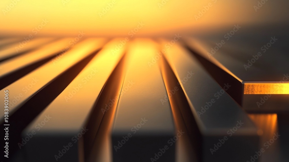 Aufkleber Abstract Perspective of Metallic Bars with Warm Golden Glow Highlighting Textures at Dusk, Creating an Artistic Play of Light and Shadow