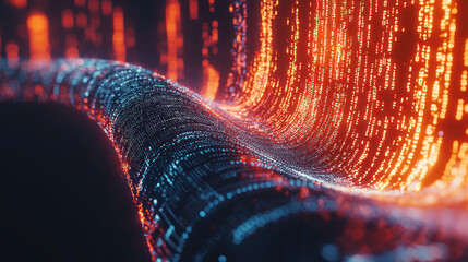 Abstract Representation of Integrated Binary Code Forming DNA Sequence with Glowing Data Waves, Highlighting Advanced Technology and Innovation