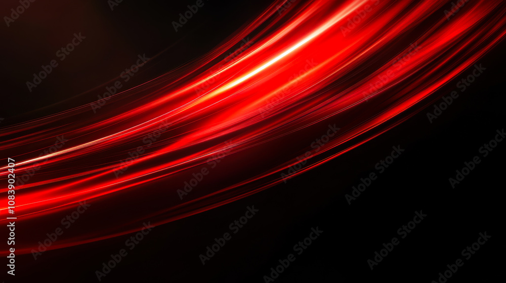 Poster vibrant red and gold waves of light with sparkling particles swirling in a dark background, creating