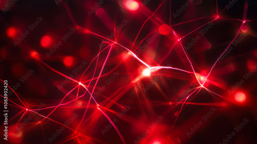 Poster vibrant red and gold waves of light with sparkling particles swirling in a dark background, creating