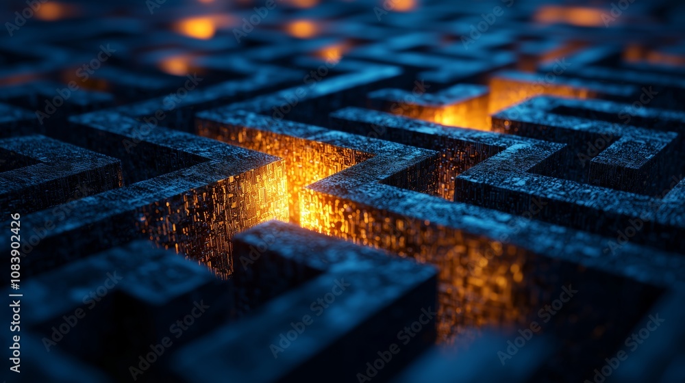 Poster intricate labyrinth of dark walls and fiery light: a surreal maze scene illustrating depth and myste