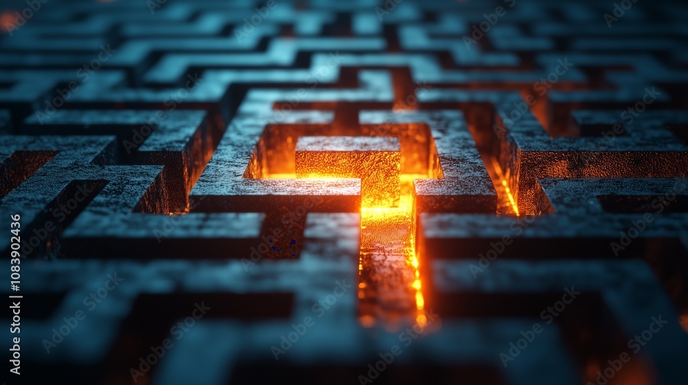 Poster intricate maze structure with fiery glow showcasing complex pathways and shadows in a dark environme