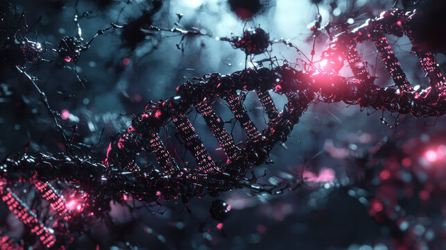 Interconnected Human DNA Structure with Streams of Binary Data Representing Genetic Information and Digital Networks in a Futuristic Digital Space