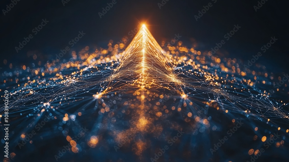 Poster abstract representation of a glowing mountain peak formed by interconnected lines and dots, creating