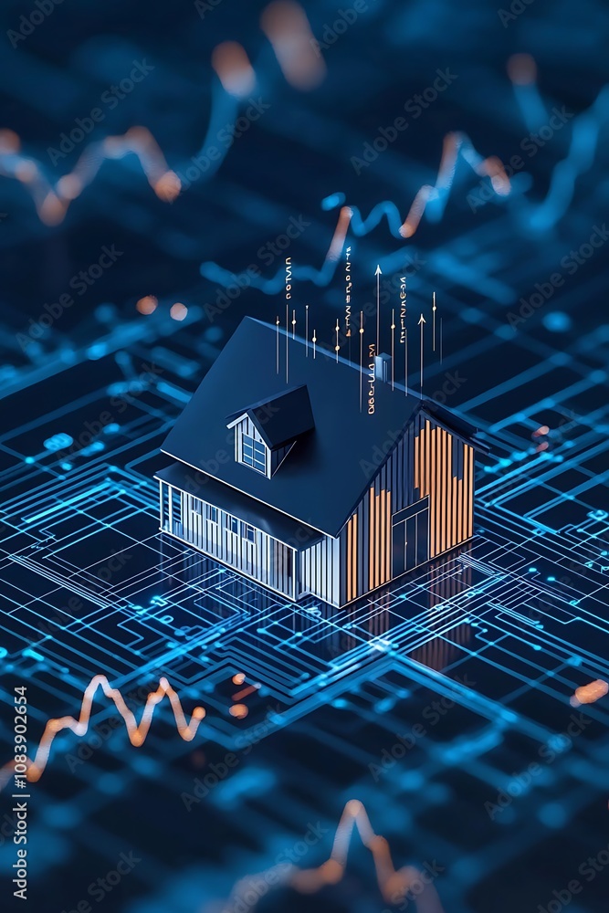 Poster modern home on digital background with data graphs