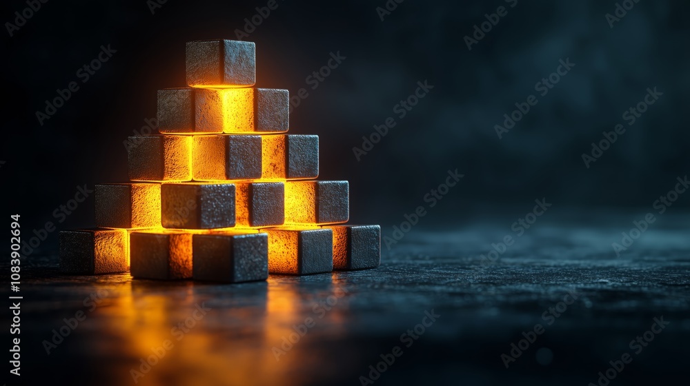 Poster glowing pyramid of metallic blocks with illuminated edges against a dark background, emphasizing con