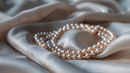 A dainty choker made of small pearls, displayed elegantly on a soft grey fabric background.