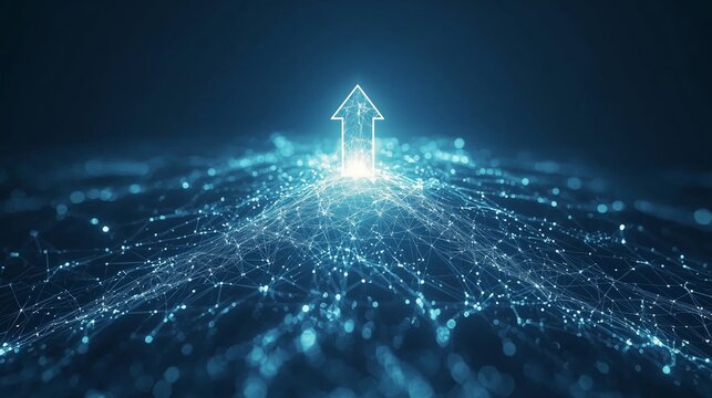 Futuristic Digital Arrow Surrounded by Glowing Points of Light Representing Growth and Progress in a Tech-Driven World with a Dark Background
