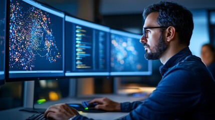 Data Designer Engaging in Visualizing Complex Information on Multiple Monitors in a Modern Office Environment with Colorful Graphics and Code Illustrations