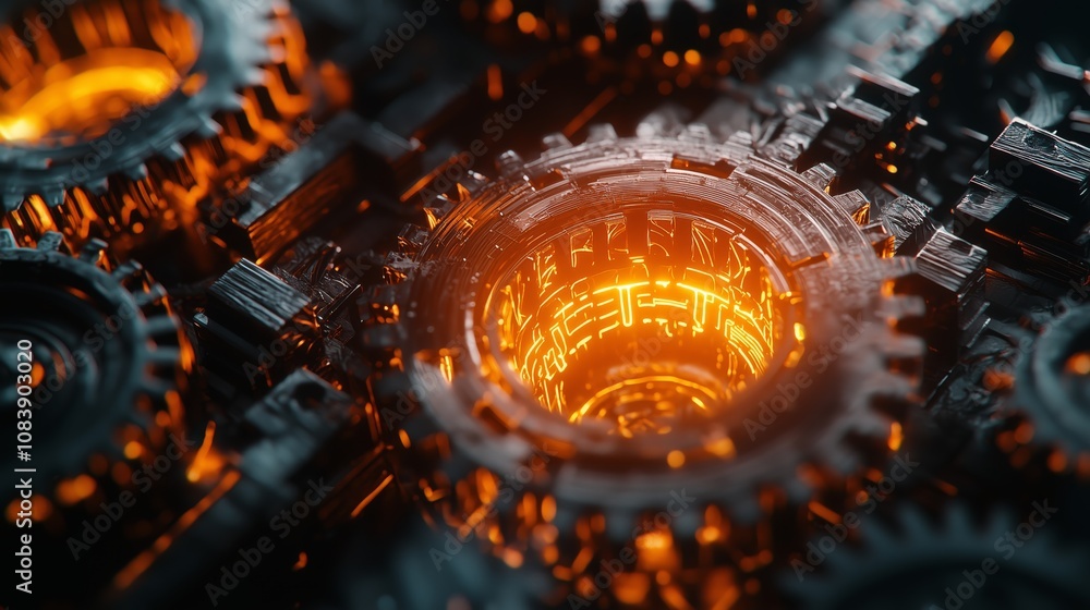 Poster intricate close-up of mesmerizing gears with glowing orange light in a dark background, showcasing m