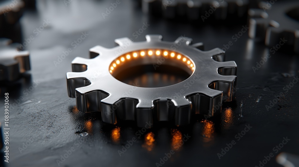 Poster metallic gear with illuminated edge on a dark surface, representing innovation and engineering excel