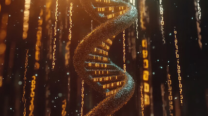 Stylized DNA Helix Surrounded by Encrypted Binary Code Strings in a Futuristic Digital Environment with an Orange and Black Color Palette