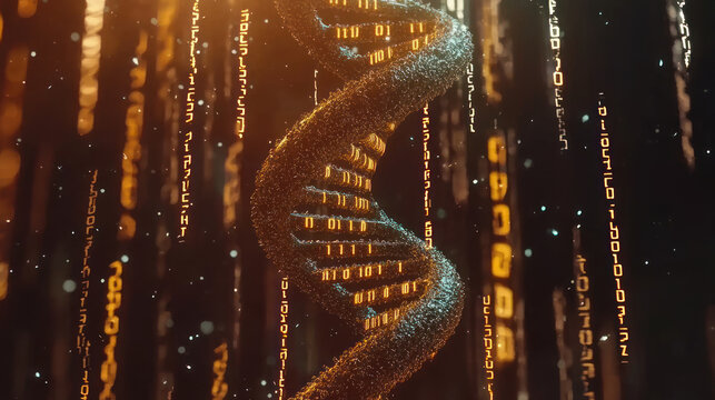 Stylized DNA Helix Surrounded by Encrypted Binary Code Strings in a Futuristic Digital Environment with an Orange and Black Color Palette