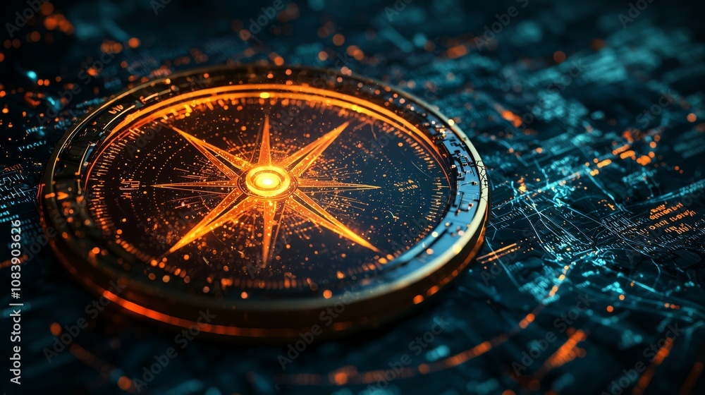 Poster abstract compass design with glowing orange elements and futuristic background perfect for navigatio
