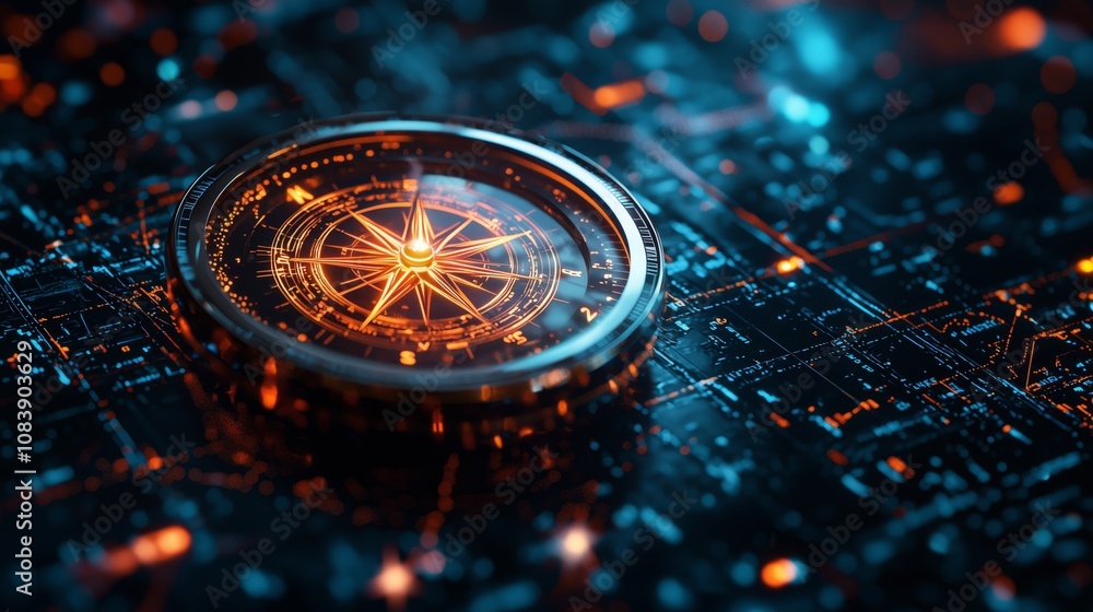 Poster artistic depiction of a glowing compass on a high-tech digital map, symbolizing navigation, explorat