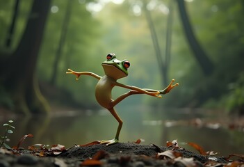 Cute frog doing yoga. Teaching yoga and eastern school. Meditation in nature