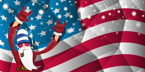 Obraz premium vector cool rock n roll santa claus with smoking pipe, santa beard and funky hat stands in front of american flag with snowflakes. Horizontal USA AMERICAN patriot Christmas hipster party poster design