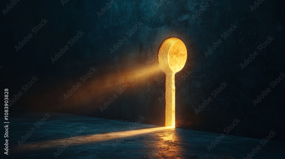 Poster ethereal glow through circular opening in dark wall, illuminating a mysterious space with soft light