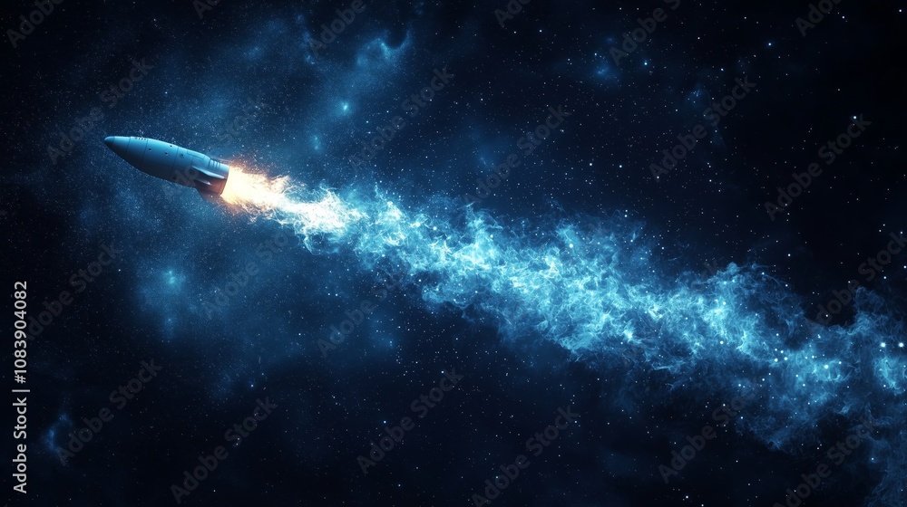 Poster rocket launching through cosmic space with colorful nebula and bright flames in the background captu