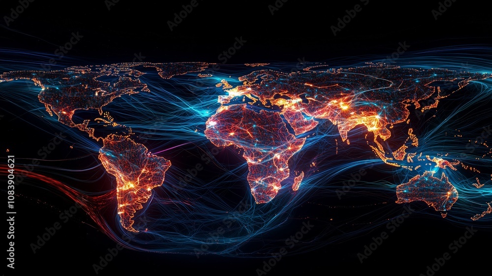Poster stunning visualization of global connectivity and data flow depicting bright nodes and vibrant lines
