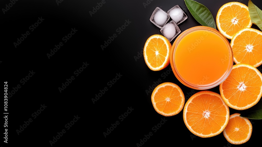 Poster refreshing orange juice with vibrant slices and ice cubes creates a bright and inviting flat lay com