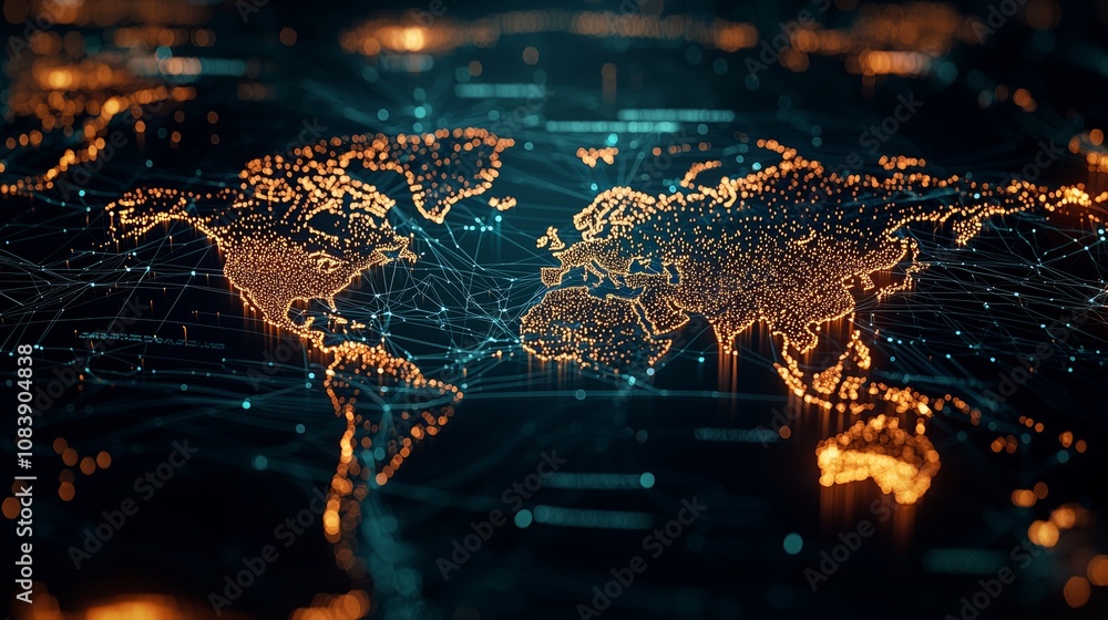 Poster stunning digital world map with glowing network connections representing global communication and da