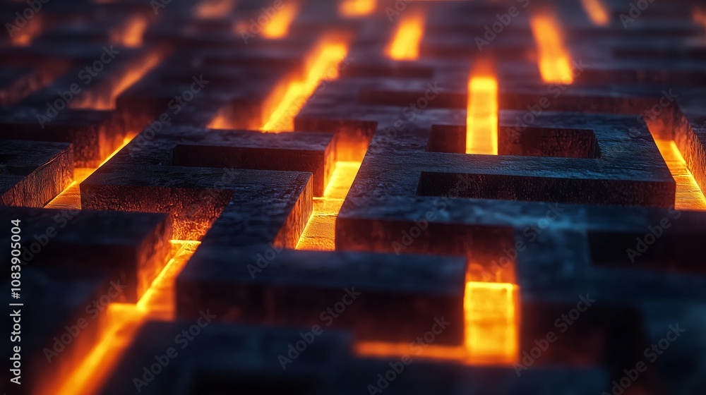 Poster abstract maze pattern with glowing orange light creating a mystical atmosphere, featuring intricate 