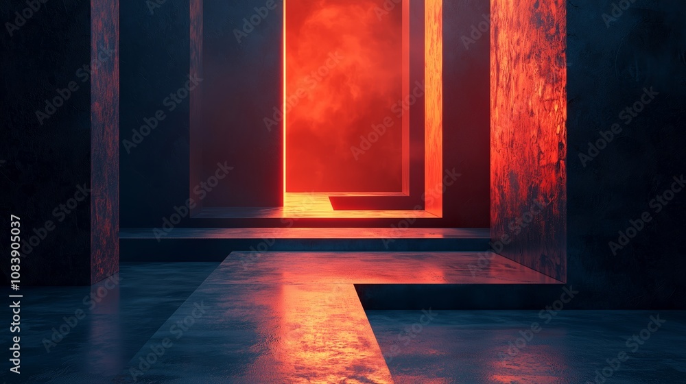 Poster abstract scene with glowing door illuminated by vibrant red light, creating a surreal atmosphere in 