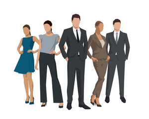 Obraz premium Business people, men and women standing in formal clothing, group of flat design isolated geometric vector illustrations. Business teamwork