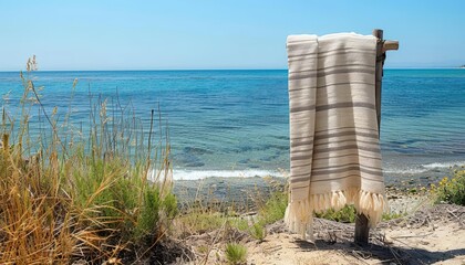 A simple, striped beach towel hanging on a wooden rack by the ocean