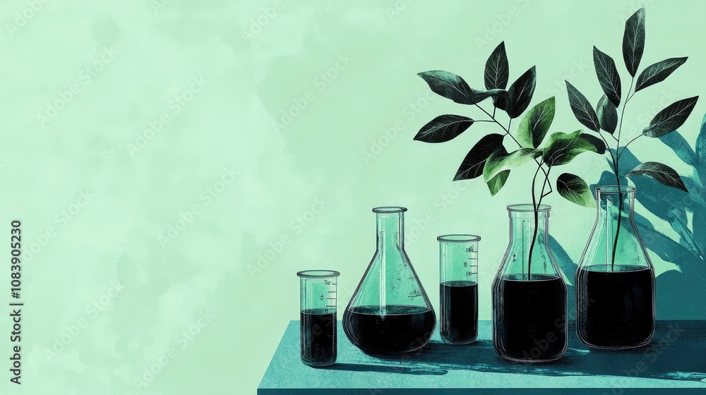 Poster here's a possible and keyword list for your stock photo... botanical research dark liquid in lab gla
