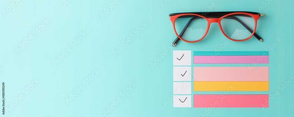 Poster a pair of stylish glasses rests beside colorful sticky notes and checklists against a light blue bac