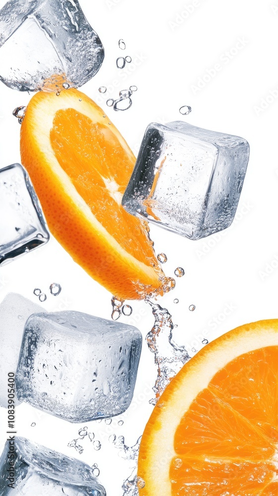 Poster refreshing citrus splash with orange slices and ice cubes floating in juice against a bright white b