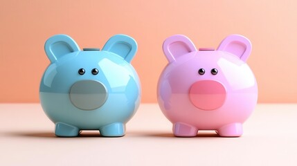 Two colorful piggy banks, one blue and one pink, sit side by side against a soft peach background, symbolizing savings and financial literacy.