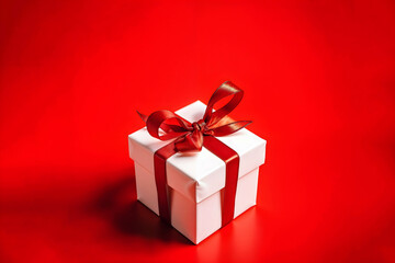 Obraz premium A white box with a red ribbon on top of a red background