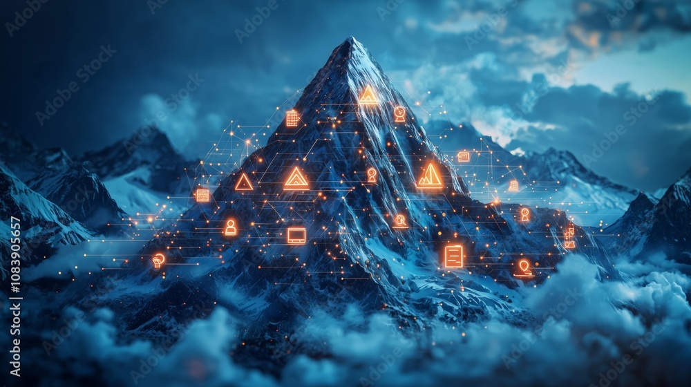Poster futuristic mountain landscape with digital icons representing technology, data, and connectivity in 