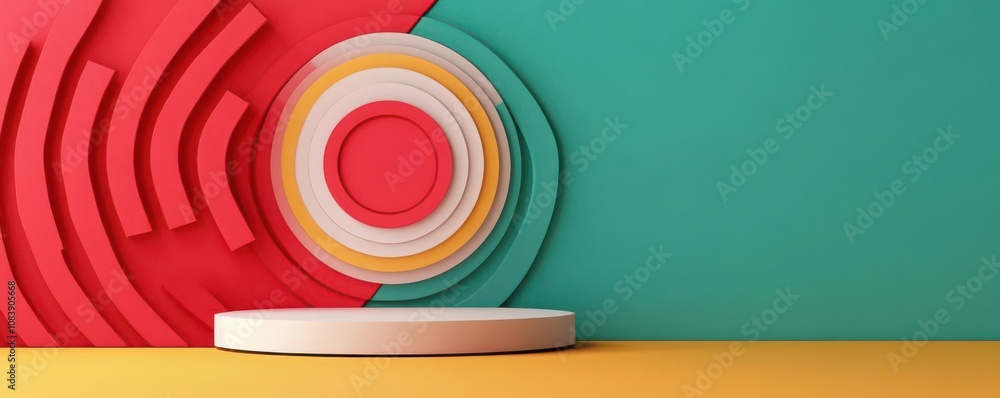 Poster a vibrant, abstract backdrop featuring circular patterns on a teal and red background, complemented 