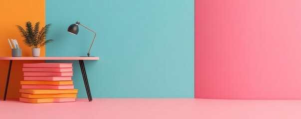 Fototapeta premium A vibrant workspace featuring a colorful desk, books stacked underneath, and a stylish lamp against a pastel backdrop.