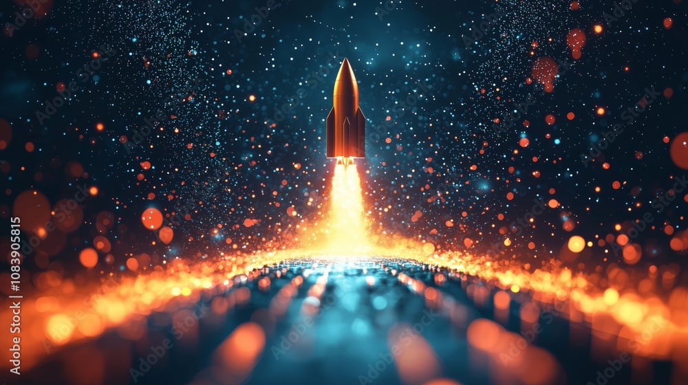 Poster futuristic rocket launching into a starry sky with glowing particles and vibrant bokeh effects for s
