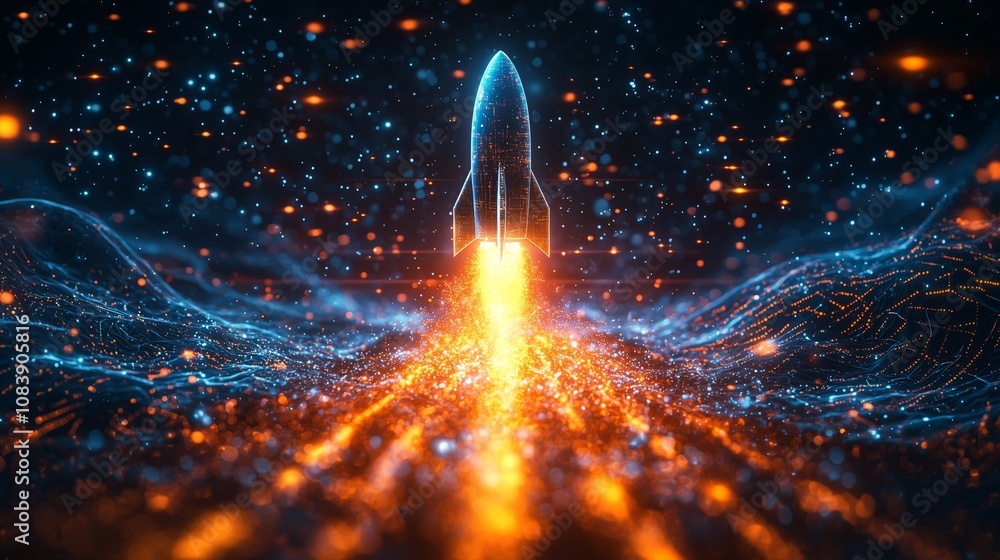 Poster futuristic rocket launching through a starry digital space with vibrant sparks and energetic waves i