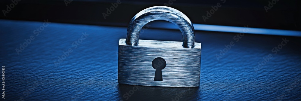 Poster a metallic padlock resting on a surface, symbolizing security and protection.