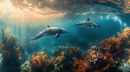 Obraz premium two dolphins swimming gracefully in a vibrant coral reef