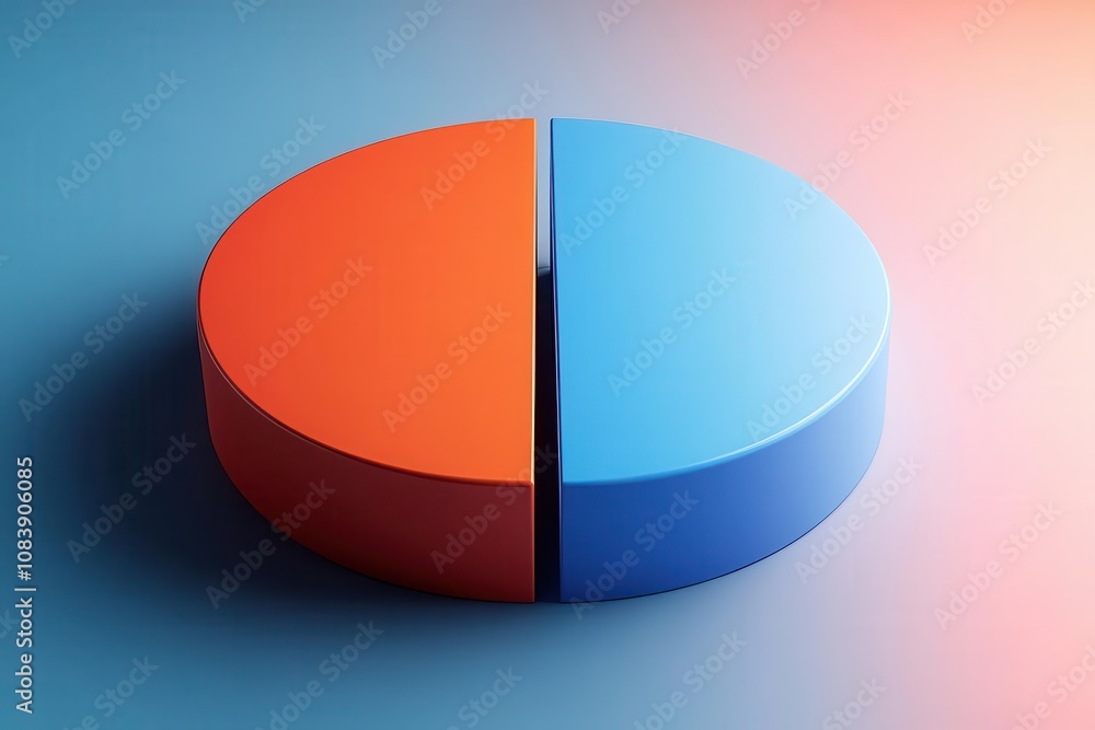 Poster a vibrant 3d pie chart split equally into orange and blue halves, set against a gradient background,