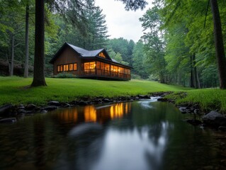 Obraz premium modern cabin in the woods with a serene stream and lush greenery