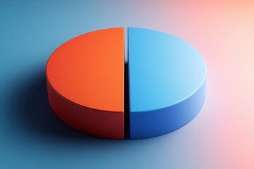 Obraz premium A vibrant 3D pie chart split equally into orange and blue halves, set against a gradient background, representing data visualization and analysis.