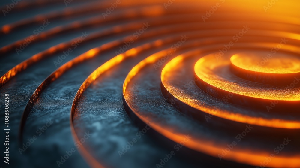 Poster abstract close-up image showing concentric glowing circles in warm orange tones set against a dark t