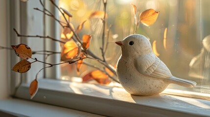 A simple, white ceramic bird figurine perched on a windowsill against the morning light